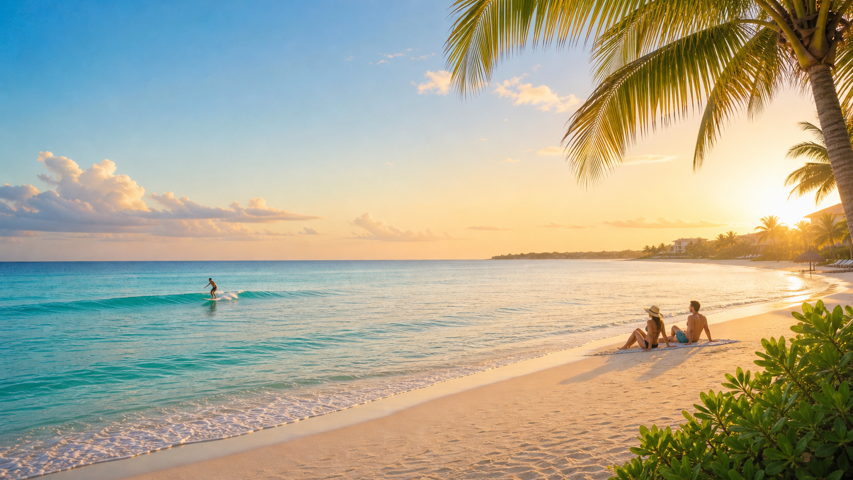 Calm tropical beach with turquoise water, warm sand, palm leaves, and soft morning light